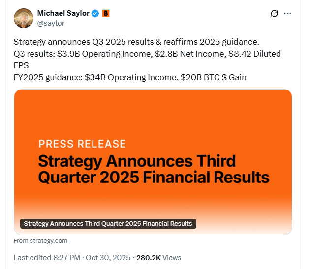 Saylor announces Q3 2025 results.